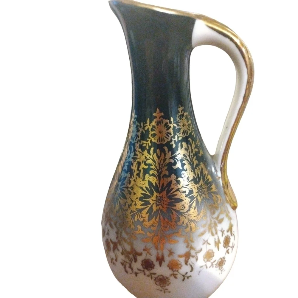Bavaria Porcelain Painted Black/Gold Floral w. White Base 4.75" Mini Pitcher - Picture 3 of 8